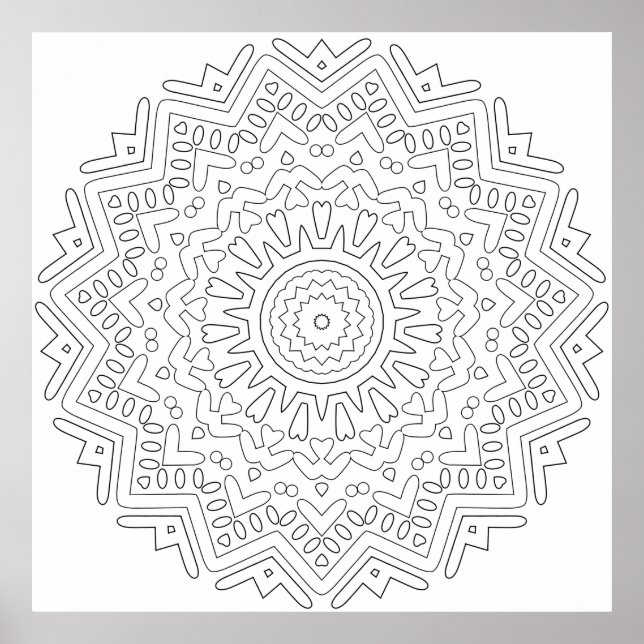 Heart Pattern Mandala Colouring Page Star Design Poster (Front)