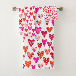 Heart Pattern Red Pink Modern Bath Towel Set