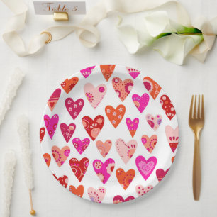 Heart Pattern Red Pink Paper Plate