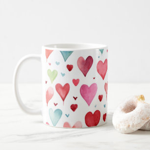 Heart Pattern Watercolor Modern Red Pink Blue Coffee Mug
