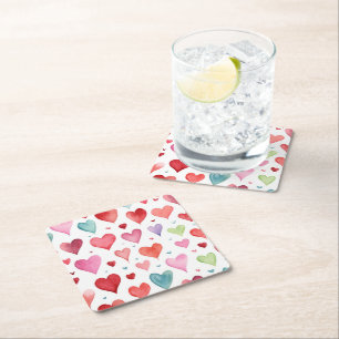 Heart Pattern Watercolor Modern Red Pink Blue Square Paper Coaster