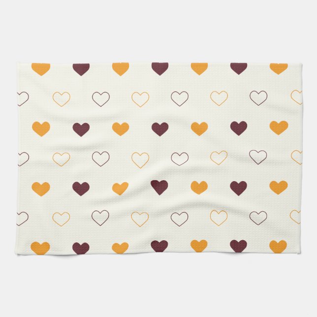 Heart Pattern with Orange & Brown Hearts Tea Towel (Horizontal)