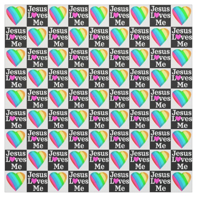 HEART PATTERNED JESUS LOVES ME INSPIRATIONAL FABRIC (Swatch)