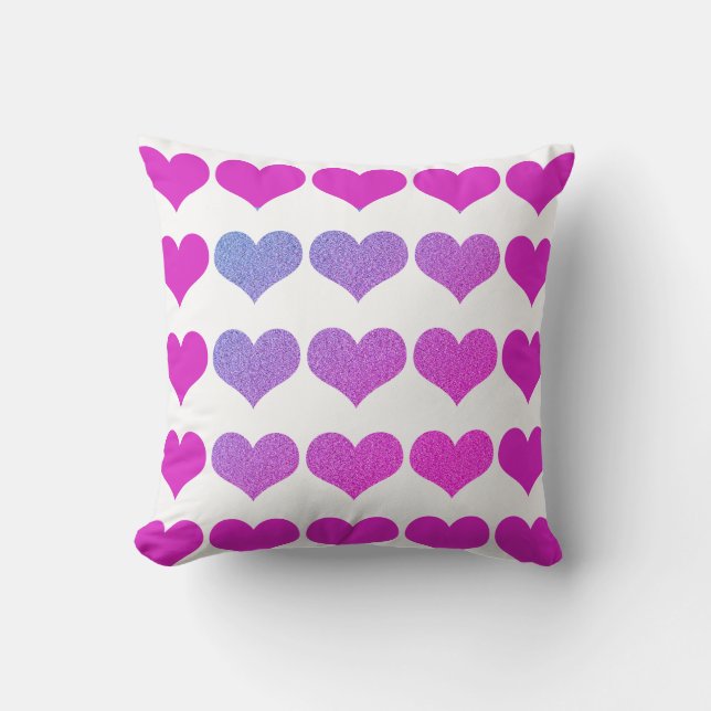 Heart Patterns Pink Purple Glitter Ombre Pretty Cushion (Front)