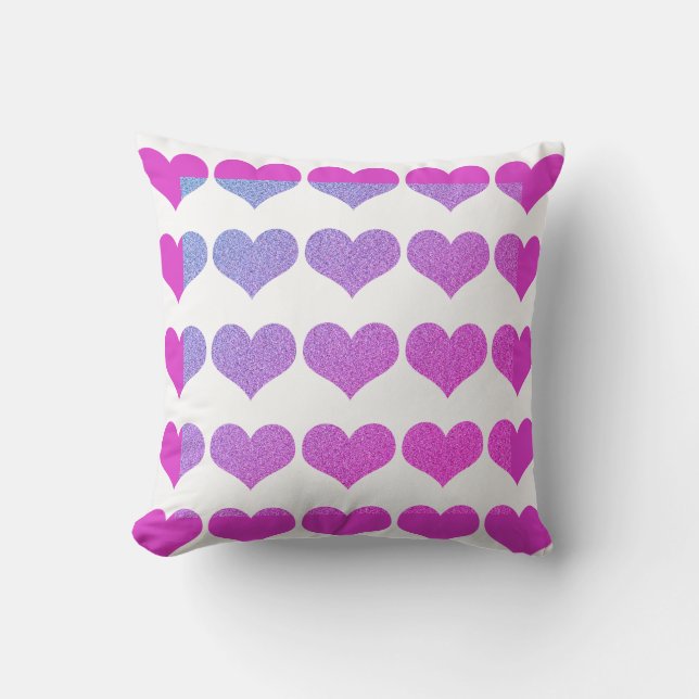 Heart Patterns Pink Purple Glitter Ombre White Cushion (Front)
