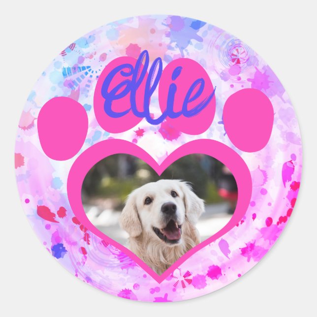 Heart Paw Pet Photo Name on Pink Tie Dye Classic Round Sticker (Front)