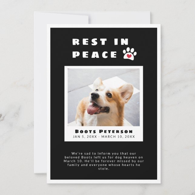 Heart Pawprint Rest In Peace Black Pet Loss Photo Announcement (Front)
