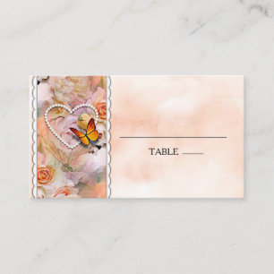 Heart Pearls Orange Roses Floral Butterflies Place Card