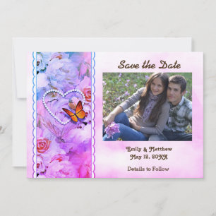 Heart Pearls, Pink Roses, Butterflies Save Date Save The Date