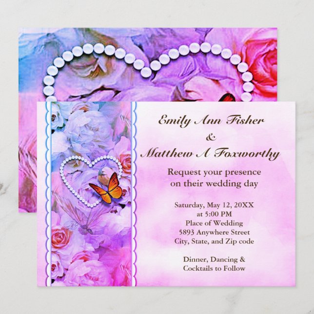 Heart Pearls Pink Roses & Butterflies Wedding Invitation (Front/Back)