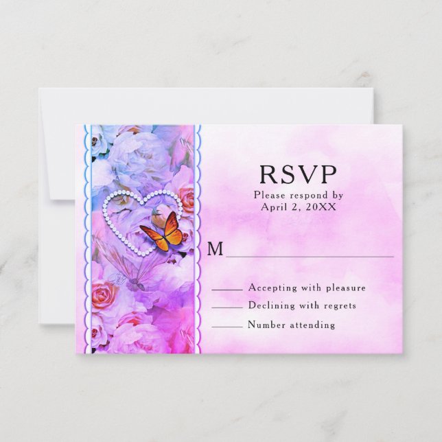 Heart Pearls, Pink Roses & Butterflies Wedding RSVP Card (Front)