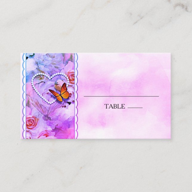 Heart Pearls Pink Roses Floral Butterflies Place Card (Front)