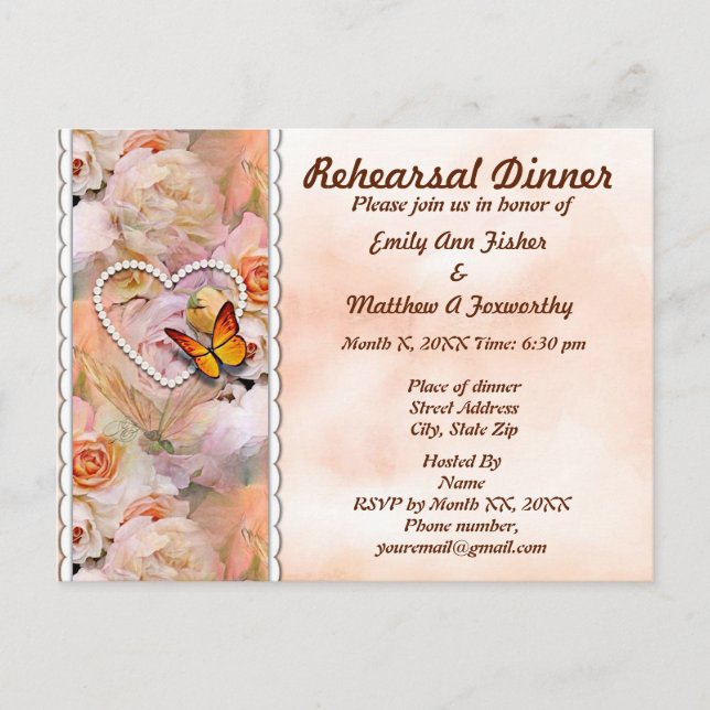 Heart Pearls, Roses & Butterflies Rehearsal Dinner Invitation Postcard (Front)