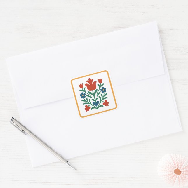 Heart & Petal Floral Folk Art Party Square Sticker (Envelope)