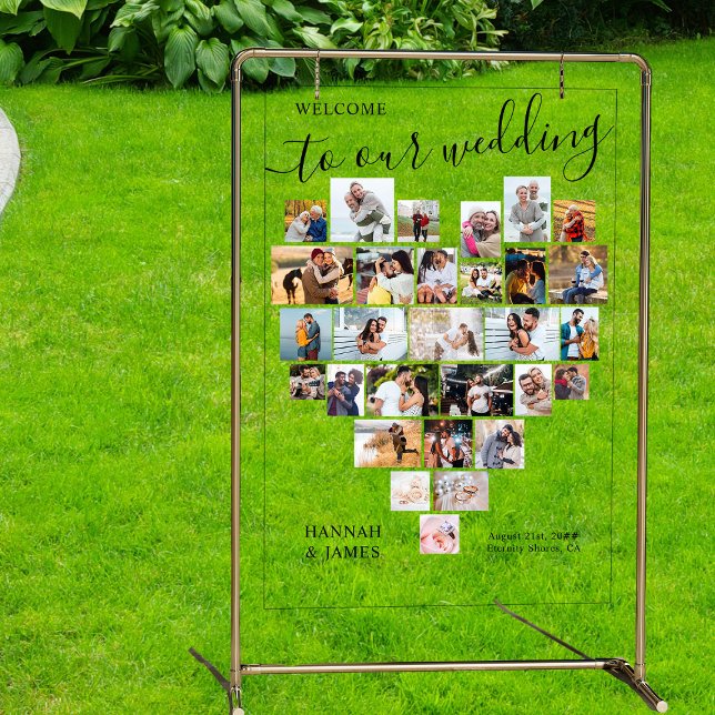 Heart Photo Collage 29 Picture Wedding Welcome Acrylic Sign (Acrylic wedding sign with heart shaped photo collage)