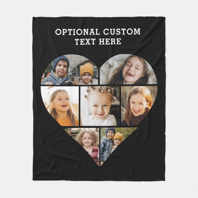 Heart Photo Collage 7 Picture Personalised Black Fleece Blanket (Front)