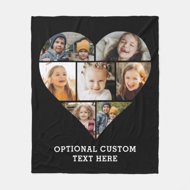 Heart Photo Collage 7 Picture Personalised Black Fleece Blanket (Front)