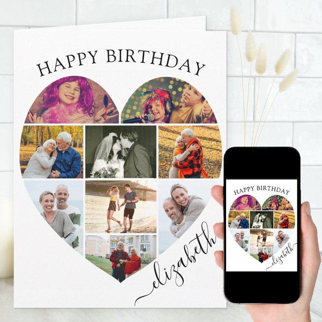 Heart Photo Collage 9 Picture Script Name Birthday Card (Creator Uploaded)