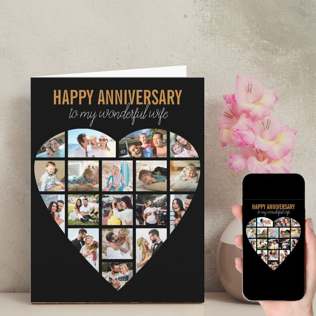 Heart Photo Collage Black Personalised Anniversary Card (Creator Uploaded)