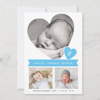 Heart Photo Collage Blue Gingham Baby Boy Birth Announcement