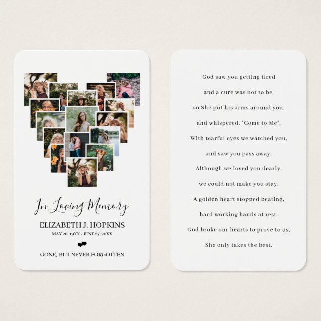 Heart Photo Collage Funeral Memorial Prayer Cards (Front & Back)