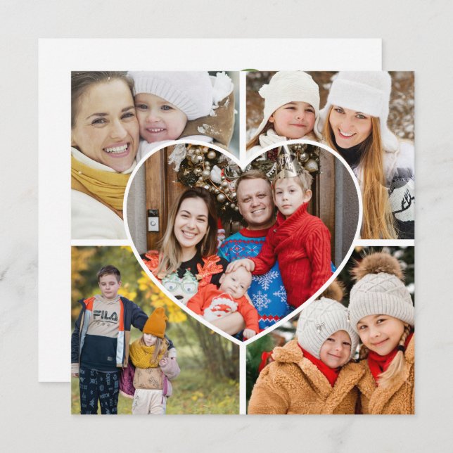 Heart Photo Collage Handwritten Merry And Bright Holiday Card (Front/Back)