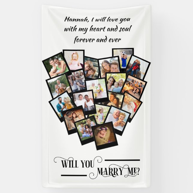 Heart Photo Collage Love You Marry Me Black White Banner (Vertical)