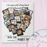 Heart Photo Collage Love You Marry Me Jigsaw Puzzle<br><div class="desc">Heart Shaped photo collage jigsaw with 20 of your favourite photos. Will You Marry Me? is lettered in elegant swirly calligraphy and your photos are displayed in square format on snapshot style backgrounds in a heart shape picture montage. You can also add your personalised text at the top, such as,...</div>