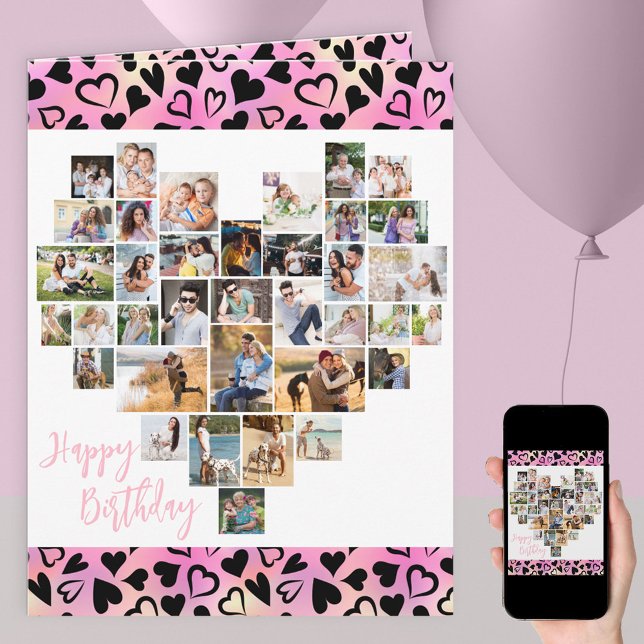 Heart Photo Collage Pink Hearts Any Age Birthay Card (Creator Uploaded)