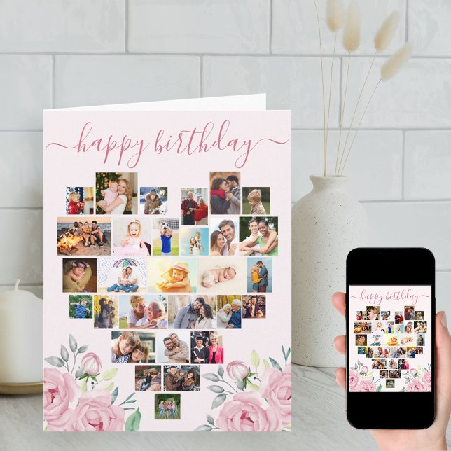 Heart Photo Collage Pink Peony Birthday Card (Creator Uploaded)