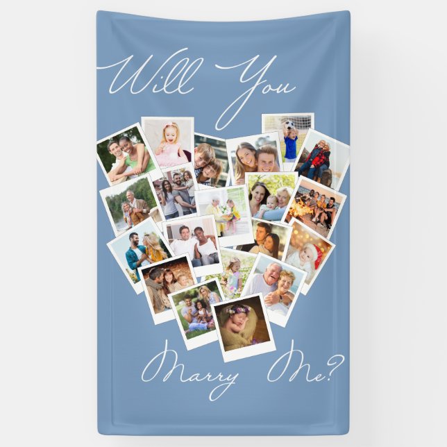 Heart Photo Collage Will You Marry Me Blue Banner (Vertical)