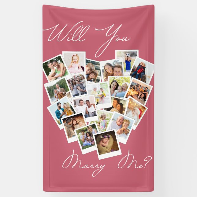 Heart Photo Collage Will You Marry Me Pink Banner (Vertical)