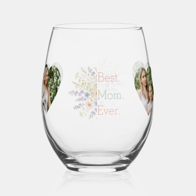 Heart Photo & Floral Design - Perfect Mother's Day Stemless Wine Glass (Front)