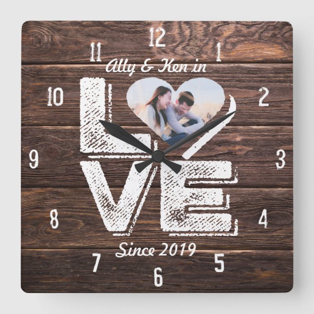 Heart Photo Frame Love Rustic Woodland Monogram Square Wall Clock (Front)