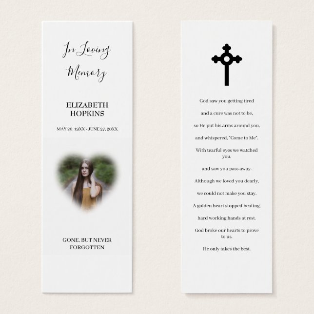 Heart Photo Funeral Memorial Poem Bookmark Card (Front & Back)