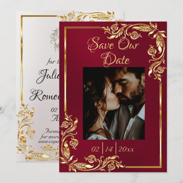Heart, Photo & Gold Frame on Burgundy Save The Date (Front/Back)