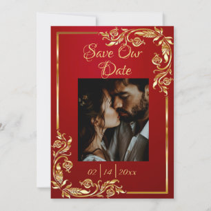 Heart, Photo & Gold Frame on Crimson Save The Date