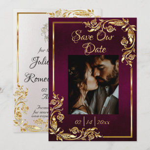 Heart, Photo & Gold Frame on Dark Purple Save The Date