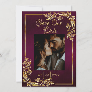 Heart, Photo & Gold Frame on Dark Purple Save The Date