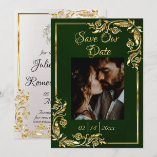 Heart, Photo & Gold Frame on Emerald Save The Date
