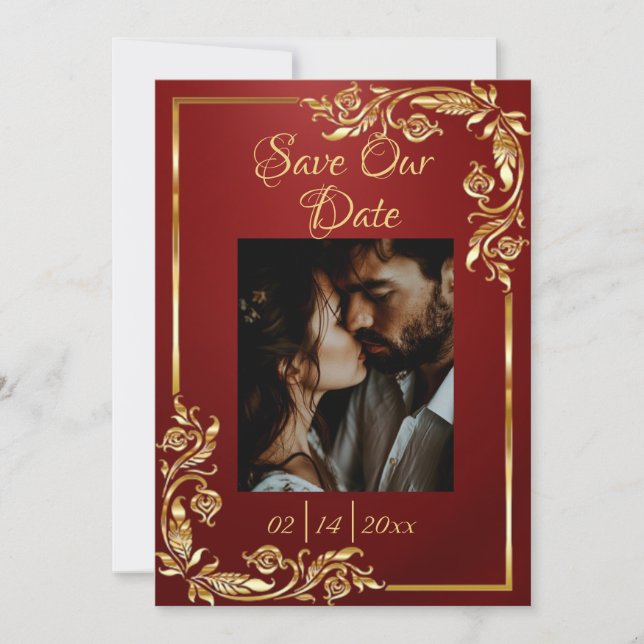 Heart, Photo & Gold Frame on Ruby Red Save The Date (Front)