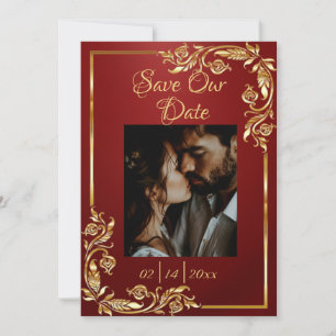 Heart, Photo & Gold Frame on Ruby Red Save The Date