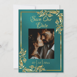 Heart, Photo & Gold Frame on Teal Save The Date