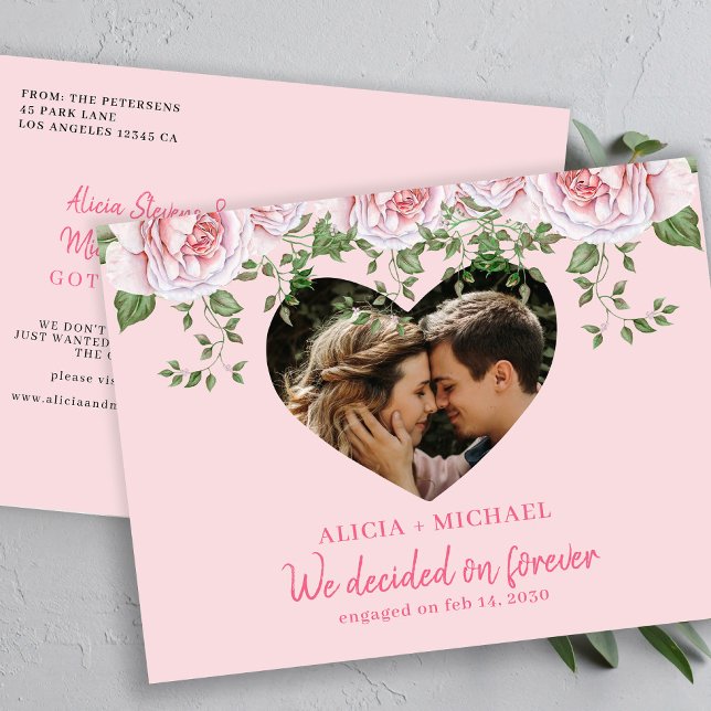Heart photo pink engagement announcement postcard (Creator Uploaded)
