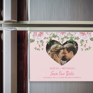 Heart photo pink roses wedding save the date magnetic invitation