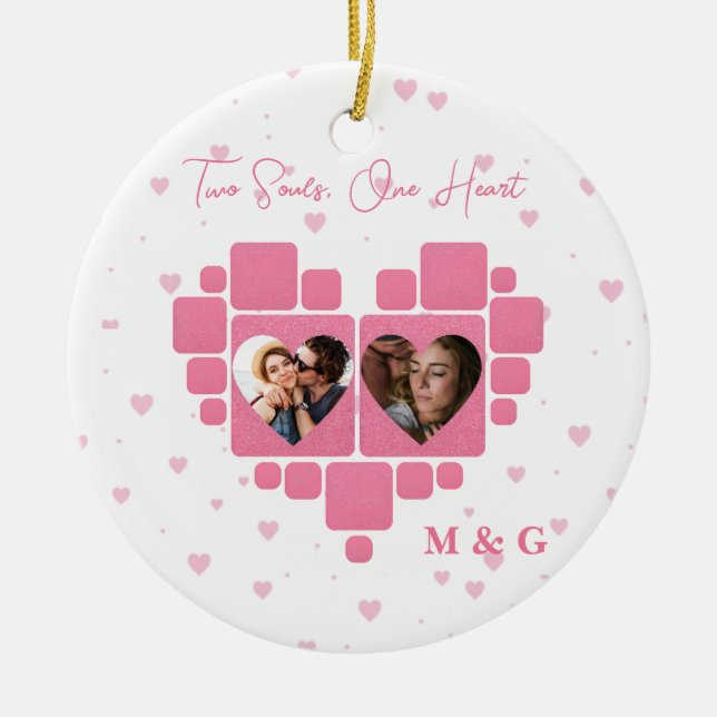 Heart Photo with Custom Pictures & Monogram Ceramic Tree Decoration (Front)