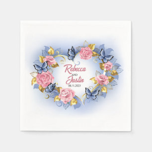 Heart Pink and Blue Roses Floral Modern Boho Napkin