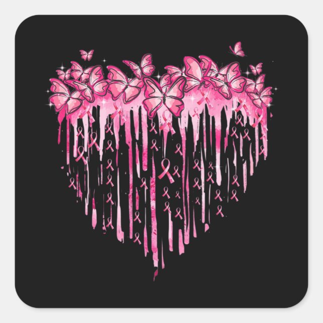 Heart Pink Ribbon Butterflies Breast Cancer Awaren Square Sticker (Front)