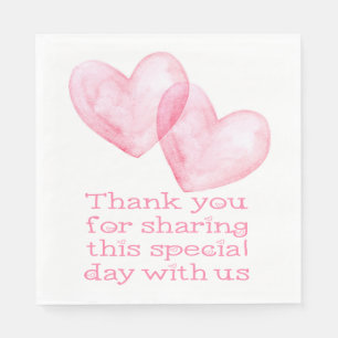 Heart Pink Watercolor Hearts Thank You Wedding Napkin