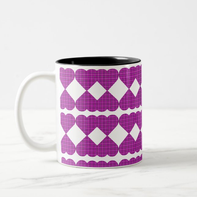 Heart Plaid Purple Black Pink Two-Tone Coffee Mug (Left)